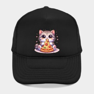 Kawaii Cat eating a slice of Pizza Hat