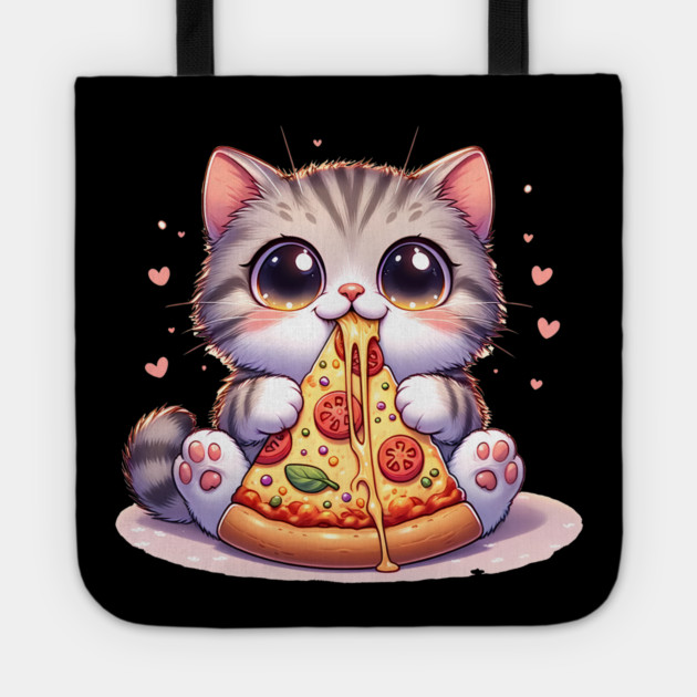 Kawaii Cat eating a slice of Pizza Tote by logiamerch