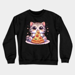 Kawaii Cat eating a slice of Pizza Crewneck Sweatshirt