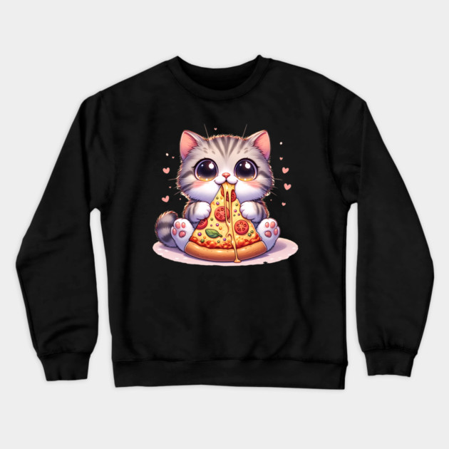 Kawaii Cat eating a slice of Pizza Crewneck Sweatshirt by logiamerch