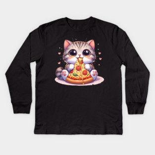 Kawaii Cat eating a slice of Pizza Kids Long Sleeve T-Shirt