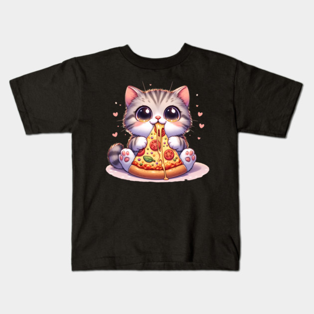 Kawaii Cat eating a slice of Pizza Kids T-Shirt by logiamerch