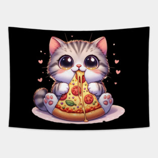 Kawaii Cat eating a slice of Pizza Tapestry