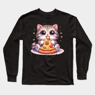 Kawaii Cat eating a slice of Pizza Long Sleeve T-Shirt