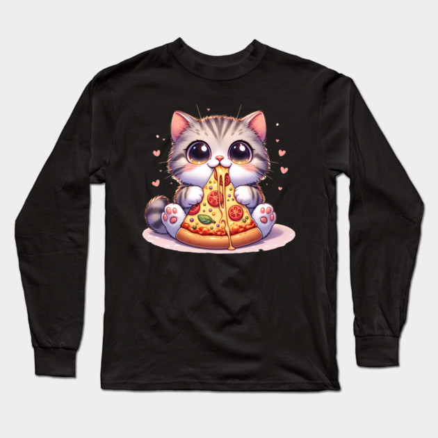 Kawaii Cat eating a slice of Pizza Long Sleeve T-Shirt by logiamerch