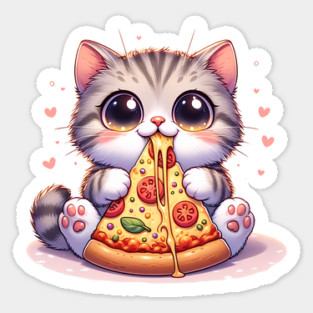 Kawaii Cat eating a slice of Pizza Sticker