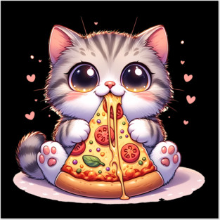 Kawaii Cat eating a slice of Pizza Posters and Art