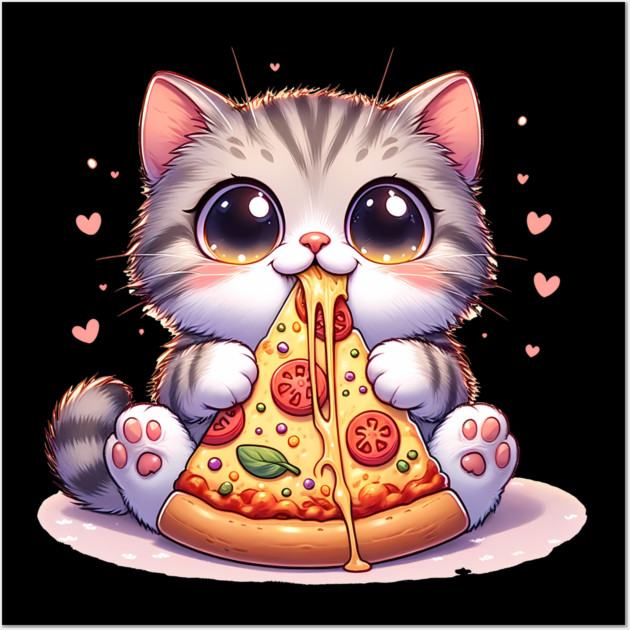 Kawaii Cat eating a slice of Pizza Wall Art by logiamerch