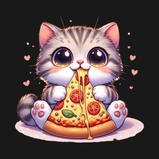 Kawaii Cat eating a slice of Pizza T-Shirt