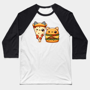 Kawaii Cat Buger and Pizza Lover Baseball T-Shirt