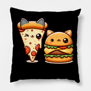Kawaii Cat Buger and Pizza Lover Pillow