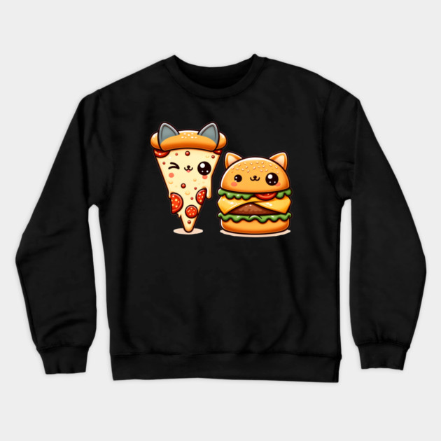 Kawaii Cat Buger and Pizza Lover Crewneck Sweatshirt by logiamerch