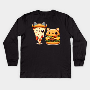 Kawaii Cat Buger and Pizza Lover Kids Long Sleeve T-Shirt
