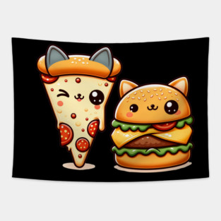 Kawaii Cat Buger and Pizza Lover Tapestry