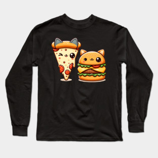 Kawaii Cat Buger and Pizza Lover Long Sleeve T-Shirt
