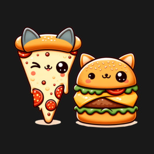 Kawaii Cat Buger and Pizza Lover T-Shirt