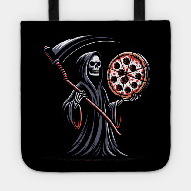 Grim Reaper with Pizza, Funny Pizza lover Tote by logiamerch