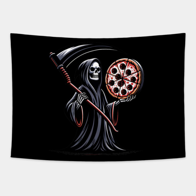 Grim Reaper with Pizza, Funny Pizza lover Tapestry by logiamerch