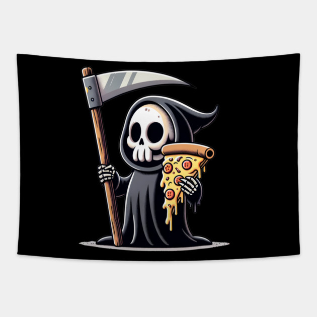 Grim Reaper with Pizza, Funny Pizza lover Tapestry by logiamerch
