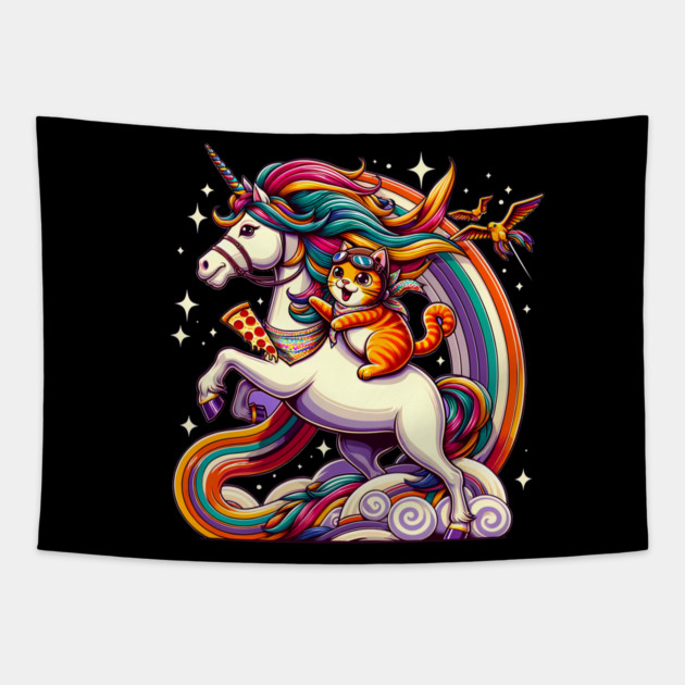 Pizza Unicorn and Cat Lover, Love Eating Pizza Tapestry by logiamerch