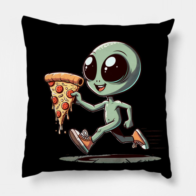 Funny Alien with Pizza, Loves to Eat Pizza Pillow by logiamerch