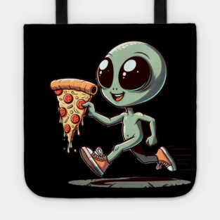 Funny Alien with Pizza, Loves to Eat Pizza Tote