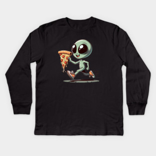 Funny Alien with Pizza, Loves to Eat Pizza Kids Long Sleeve T-Shirt