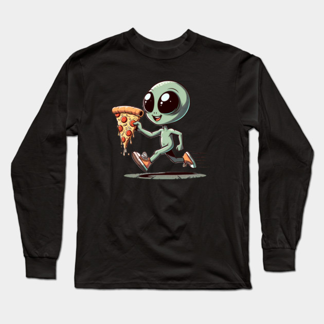 Funny Alien with Pizza, Loves to Eat Pizza Long Sleeve T-Shirt by logiamerch