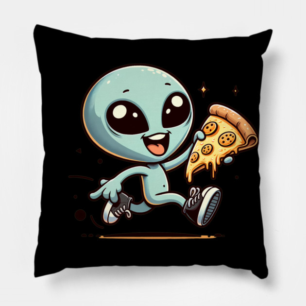 Funny Alien with Pizza, Loves to Eat Pizza Pillow by logiamerch