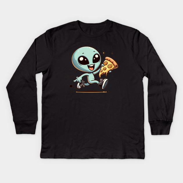 Funny Alien with Pizza, Loves to Eat Pizza Kids Long Sleeve T-Shirt by logiamerch