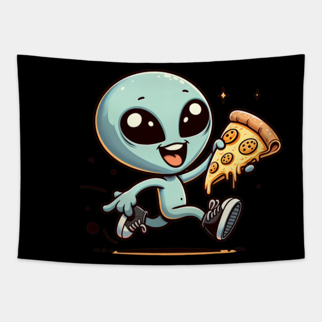 Funny Alien with Pizza, Loves to Eat Pizza Tapestry by logiamerch