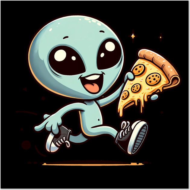 Funny Alien with Pizza, Loves to Eat Pizza Wall Art by logiamerch