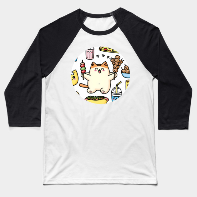 Funny Cat in Love with Fast Food Baseball T-Shirt by logiamerch