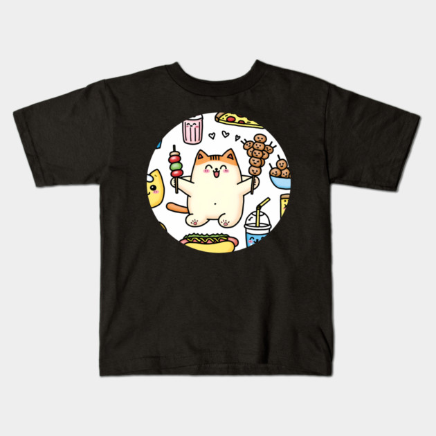 Funny Cat in Love with Fast Food Kids T-Shirt by logiamerch
