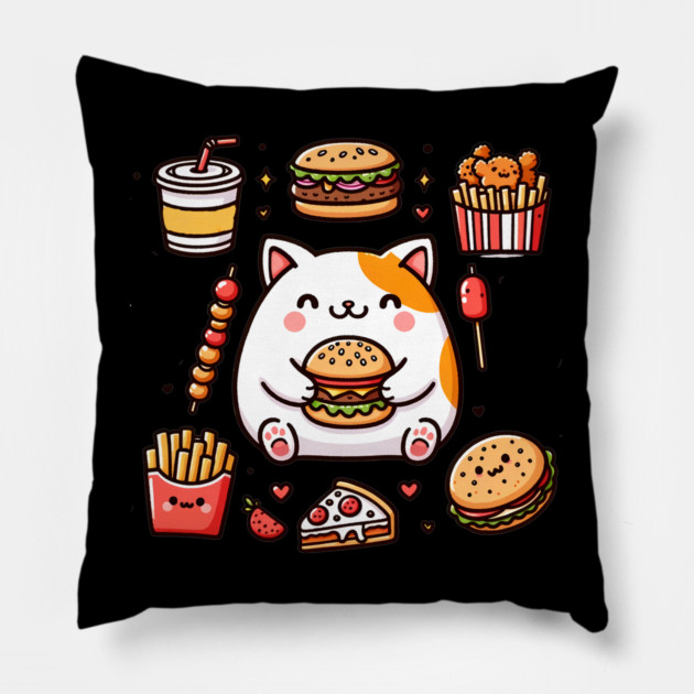 Funny Cat in Love with Fast Food, Burger, Pizza and Fries Pillow by logiamerch