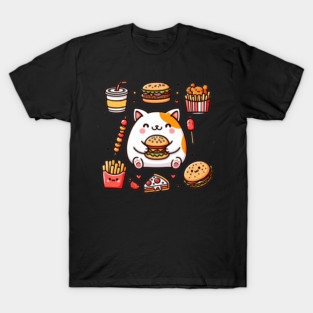 Funny Cat in Love with Fast Food, Burger, Pizza and Fries T-Shirt
