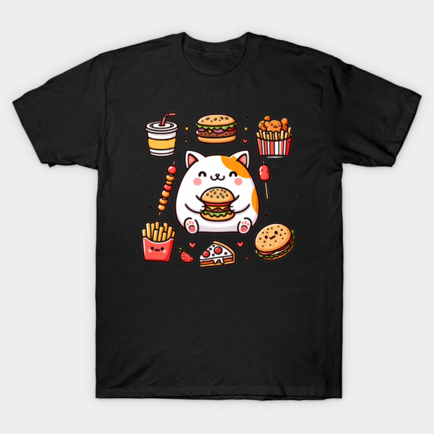 Funny Cat in Love with Fast Food, Burger, Pizza and Fries T-Shirt by logiamerch