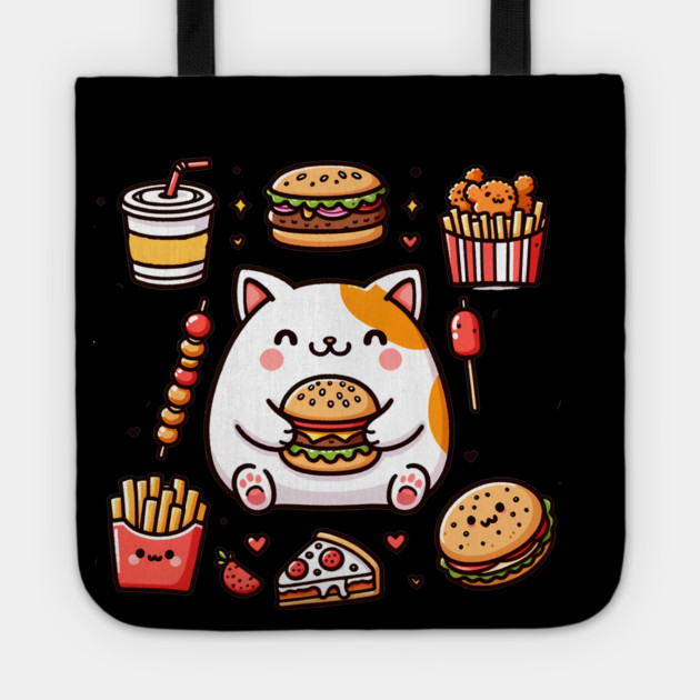 Funny Cat in Love with Fast Food, Burger, Pizza and Fries Tote by logiamerch