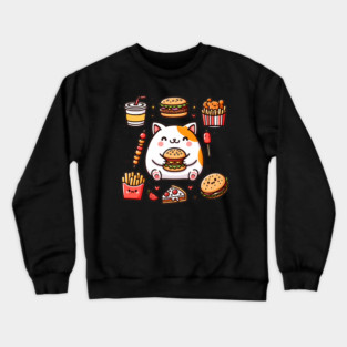 Funny Cat in Love with Fast Food, Burger, Pizza and Fries Crewneck Sweatshirt