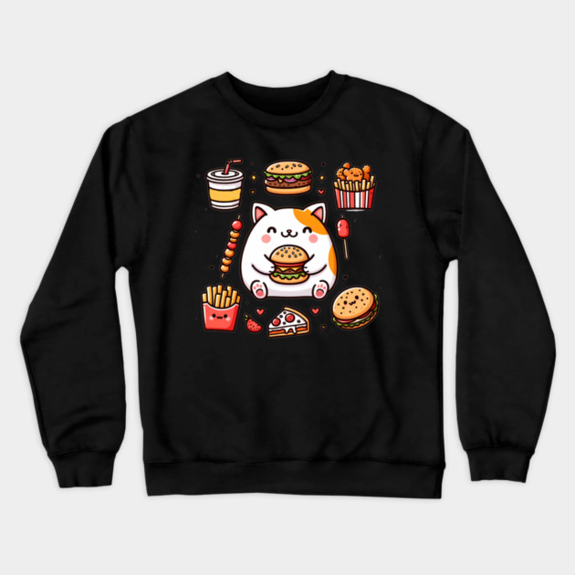 Funny Cat in Love with Fast Food, Burger, Pizza and Fries Crewneck Sweatshirt by logiamerch