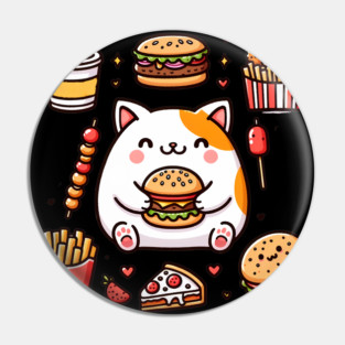 Funny Cat in Love with Fast Food, Burger, Pizza and Fries Pin