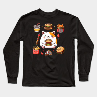 Funny Cat in Love with Fast Food, Burger, Pizza and Fries Long Sleeve T-Shirt