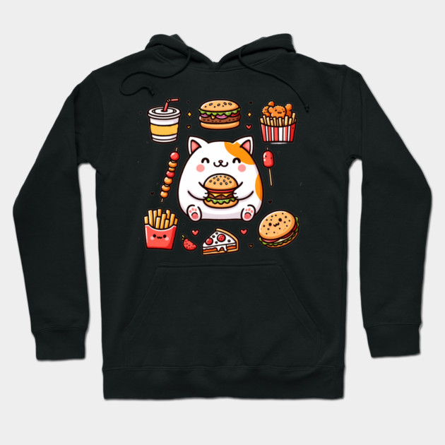 Funny Cat in Love with Fast Food, Burger, Pizza and Fries Hoodie by logiamerch