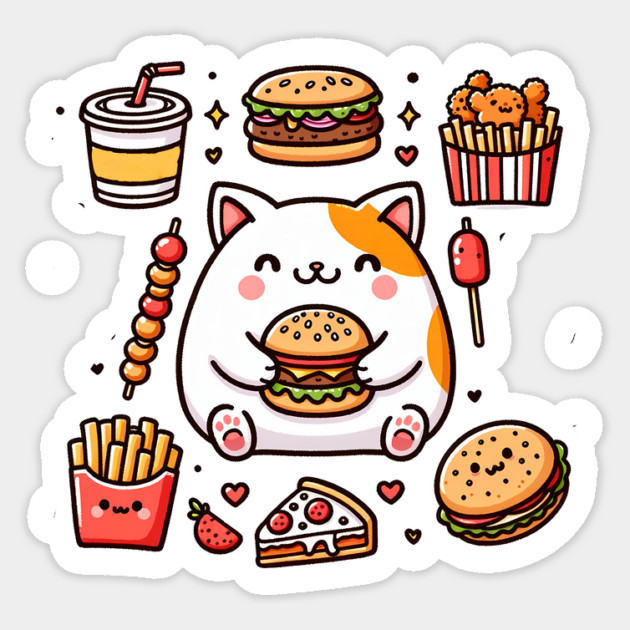 Funny Cat in Love with Fast Food, Burger, Pizza and Fries Sticker by logiamerch