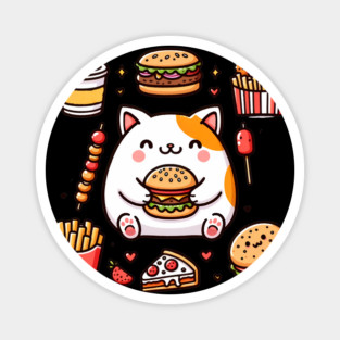 Funny Cat in Love with Fast Food, Burger, Pizza and Fries Magnet