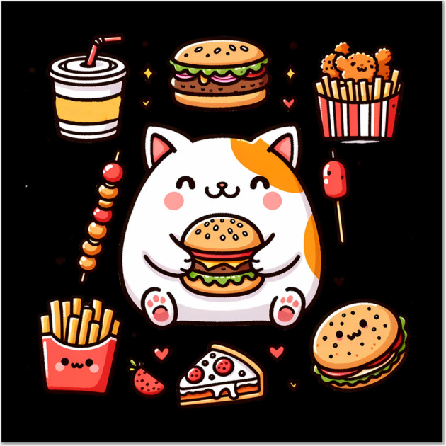 Funny Cat in Love with Fast Food, Burger, Pizza and Fries Wall Art by logiamerch