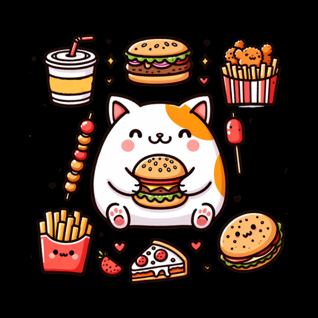 Funny Cat in Love with Fast Food, Burger, Pizza and Fries by logiamerch