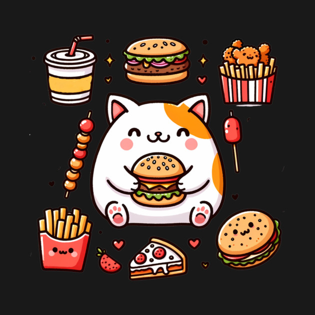 Funny Cat in Love with Fast Food, Burger, Pizza and Fries by logiamerch