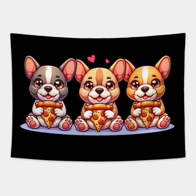 Cute Frenchie Dogs with Pizza, French Bulldogs Tapestry by logiamerch