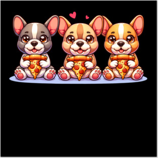 Cute Frenchie Dogs with Pizza, French Bulldogs Posters and Art